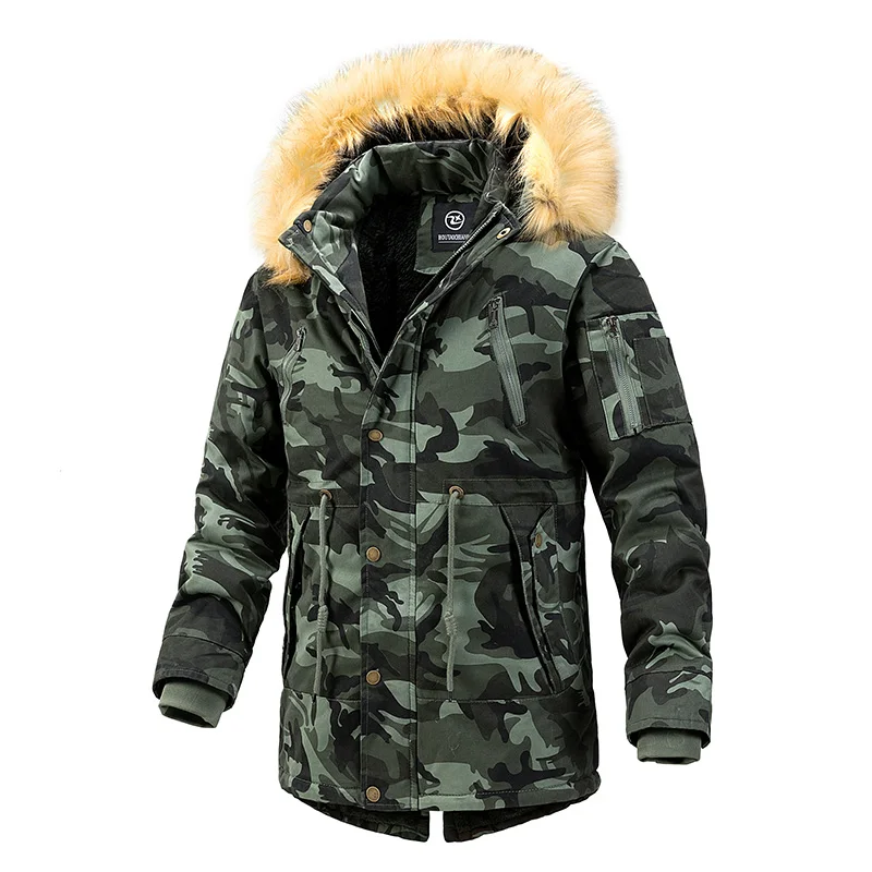 Winter Outdoor Men's Jacket Warm Hunting Camouflage Thickened Mid-Length Parker Workwear Camouflage Windproof Jacket