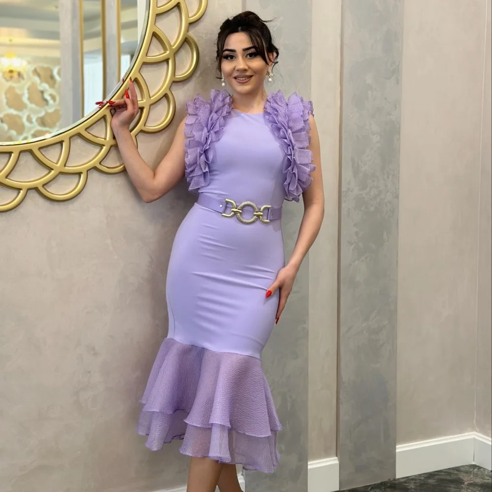 Evening Jersey Draped Tiered Pleat Ruffles Party Mermaid O-Neck Bespoke Occasion Gown Midi Dresses