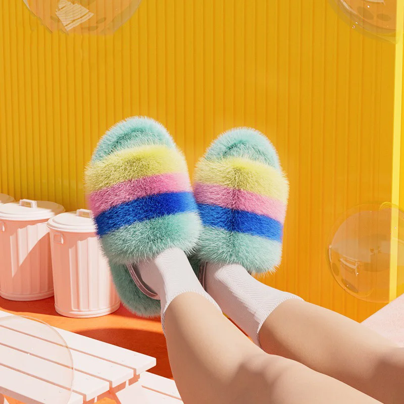 Senior Ladies Home Plush Slippers Faux Fur Stylish Thermal Slippers Autumn And Winter Outing High Quality Slippers