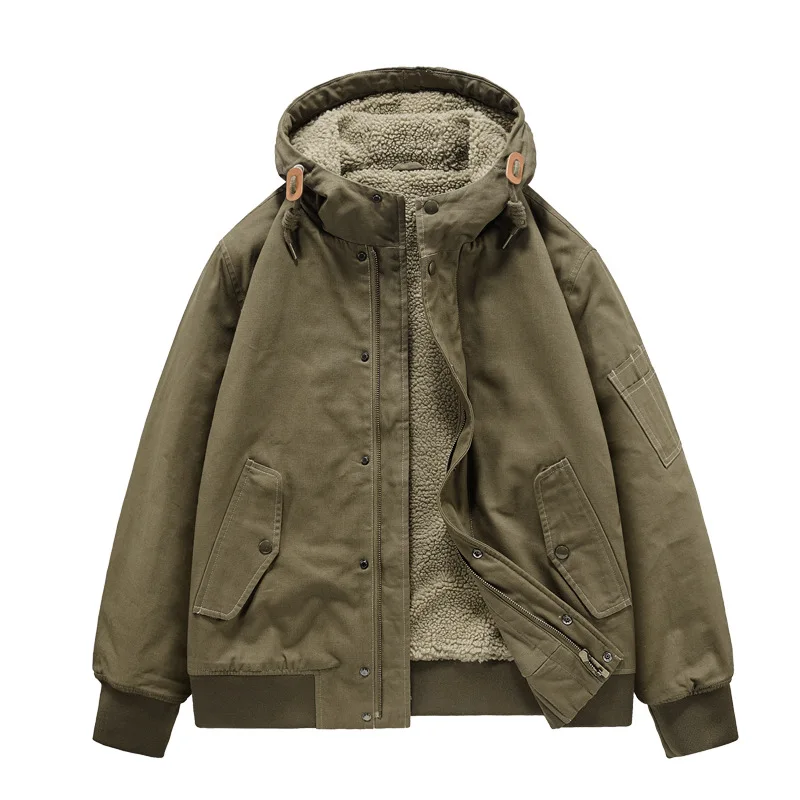 Winter Outdoor Sports Casual CoatsWashed Cashmere Workwear Hooded Jackets Imitation Lamb Fleece Warm Jacket Parka Hombre
