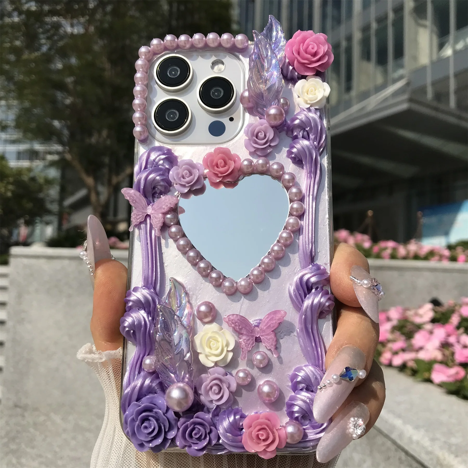 Handmade Purple Baroque Floral Mirror Phone Case - Soft TPU Dustproof Retro Design