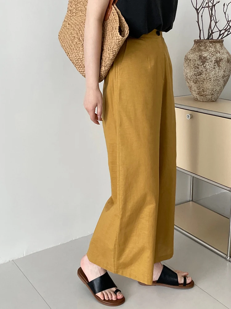 [LANMREM] Minimalism Linen Wide Leg Pants For Women Elastic High Waist Sunscreen Trousers Fashion 2024 Summer New 26D9287