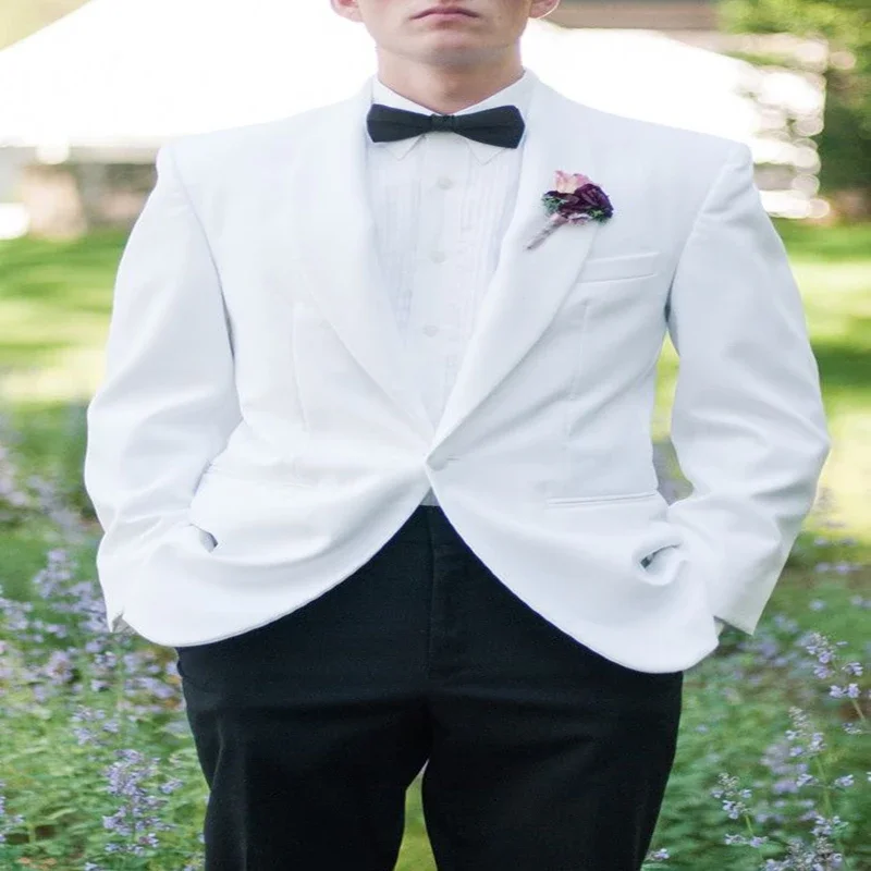 Elegant White Jacket Black Pant Formal Wedding Men Suit Groom Tuxedo Slim Fit Blazer Hombre High Quality Custom Costume Homme