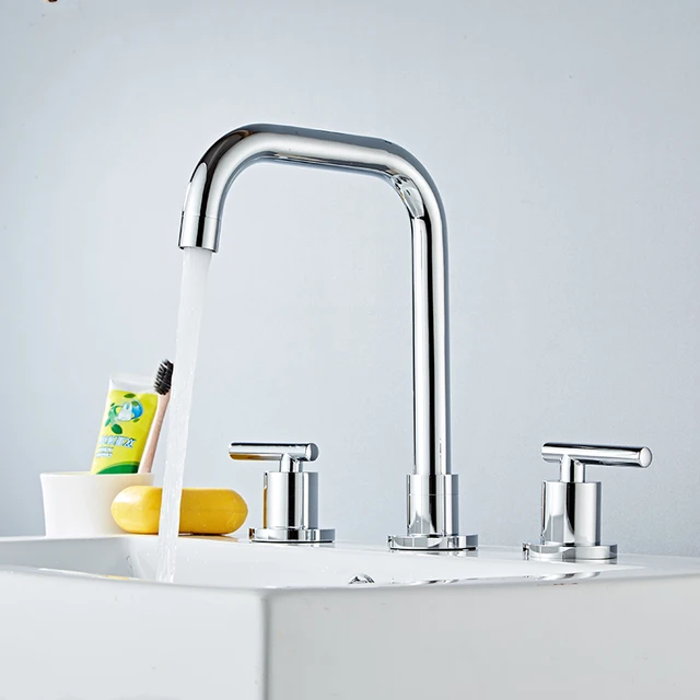 ก๊อกน้ําอ่างล้างหน้าทองเหลืองขัดเงา Chrome Deck ติดตั้งรอบห้องน้ําอ่างล้างจานก๊อกน้ํา 3 หลุมคู่ร้อนและเย็น TAP BR-711 1