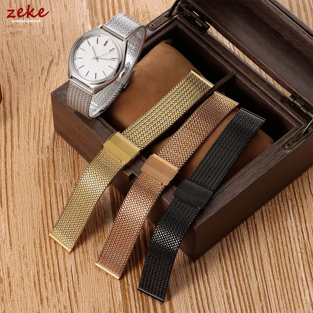 Gold & Silver Milanese Mesh Watchband – Stainless Steel Bracelet with Folding Buckle Belt, Universal 16mm to 20mm Strap