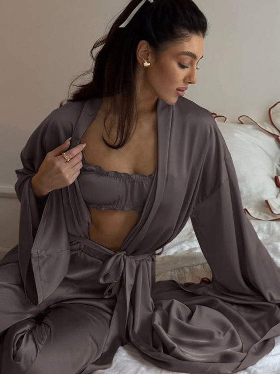 Casual Long Sve Open Cardigan Robe Vest Split Pants Tee Piece Set Women Sexy Autumn Faion Ensemble for Adult Ladies