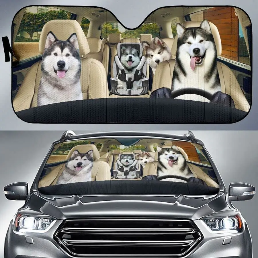 

Funny Husky Family Driving Dad Mom and Child Dog Lover Car Sunshade, Car Window Sun Cover for Husky Mom Car Decor, Car Windshiel