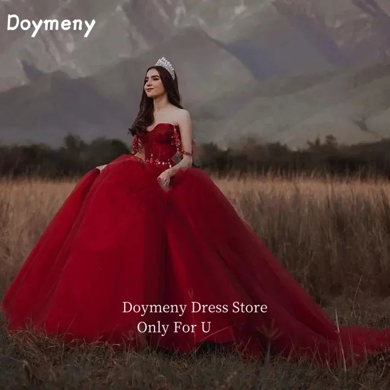 

Doymeny Off Shoulder Beaded Quinceanera Dresses Crystals Sweep Train Tulle Formal Evening Dress vestidos de fiesta