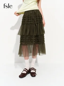 FSLE French-style Multi-layered Tulle Cake Midi Skirt Women Elastic Waist New Summer Style 2026 Black Gothic Fairycore Simple