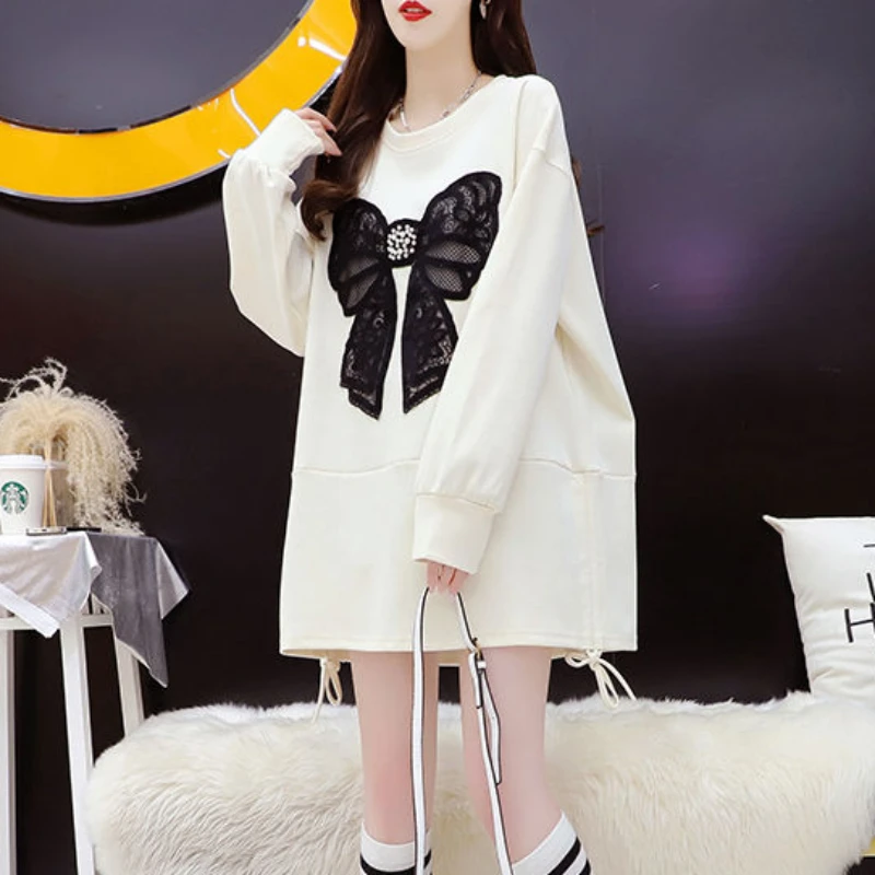 2023 New Women Loose Large Size Pullover Autumn Winter Korean Style Loose and Idle T-shirt Versatile Butterfly Long-Sleeved Top