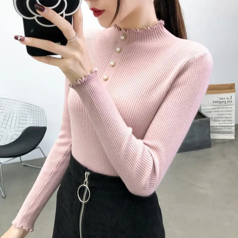 

Korean Slim Elastic Knitted Sweaters Ladies Fashion Pearl Turtleneck Women Pullover Sweater Winter Long Sleeve Knitwear