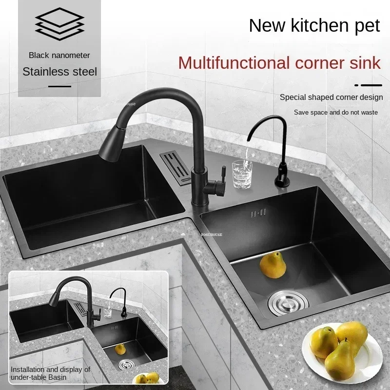 Nano Corner Kitchen Sinks Double-slot Creative Washbasin Kitchen Accessories Thickened Shaped Handmade Basin with Knife Holder