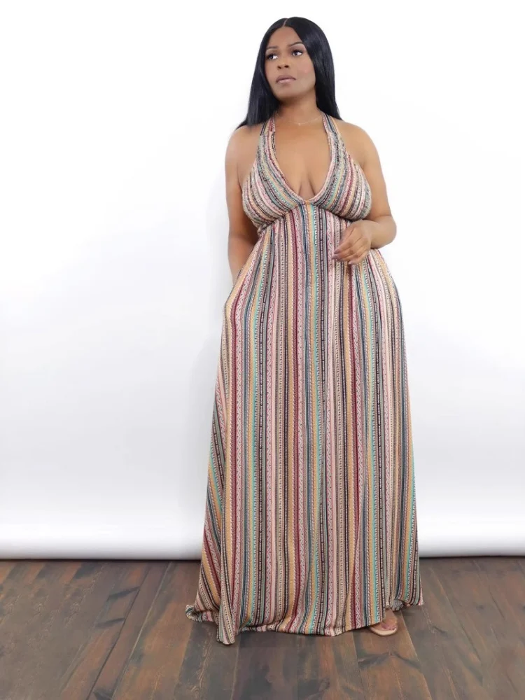 Wmstar Dresses for Women Wholesale Sweet Waist Exposed Dress with Striped Printed Straps for Vacation Bandage Back Long Dress