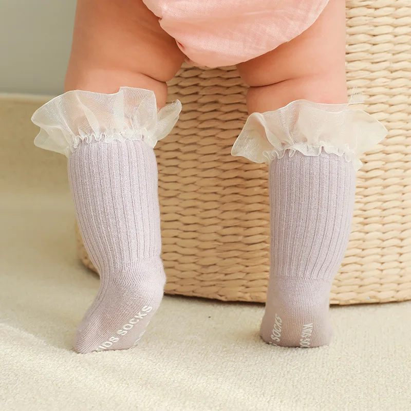 Newborn Baby Socks Infant Kids Knee High Ruffle Girls Sock Toddler Anti Slip Cotton Infant Long Frilly Lace Socks For 0-3Years