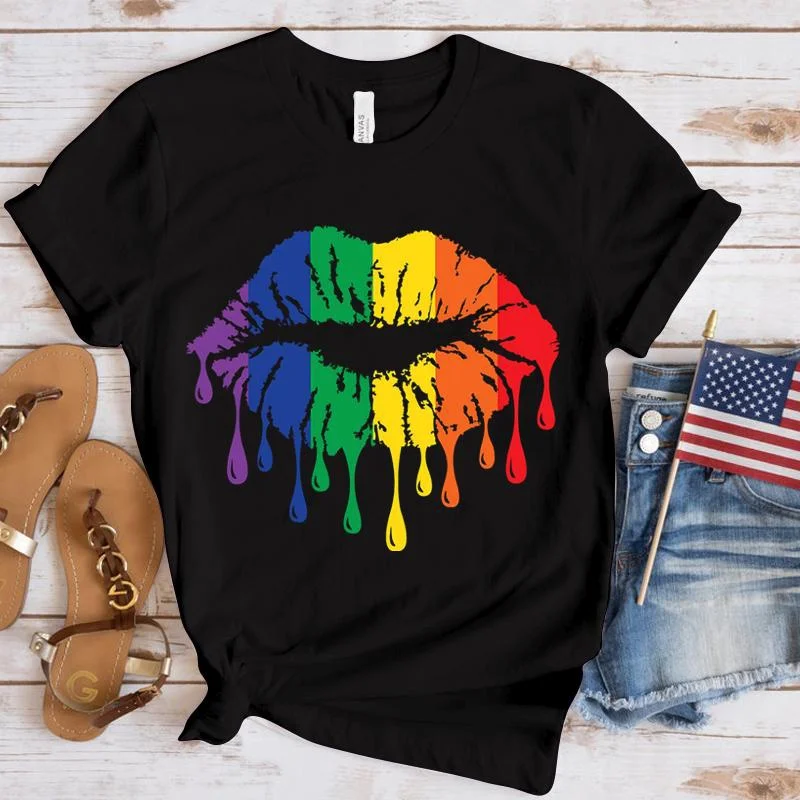 

Funny Lgbt Pride Rainbow Lips Print T-Shirt Summer Casual Graphic T Shirt Women Men Short Sleeve Round Neck Shirts
