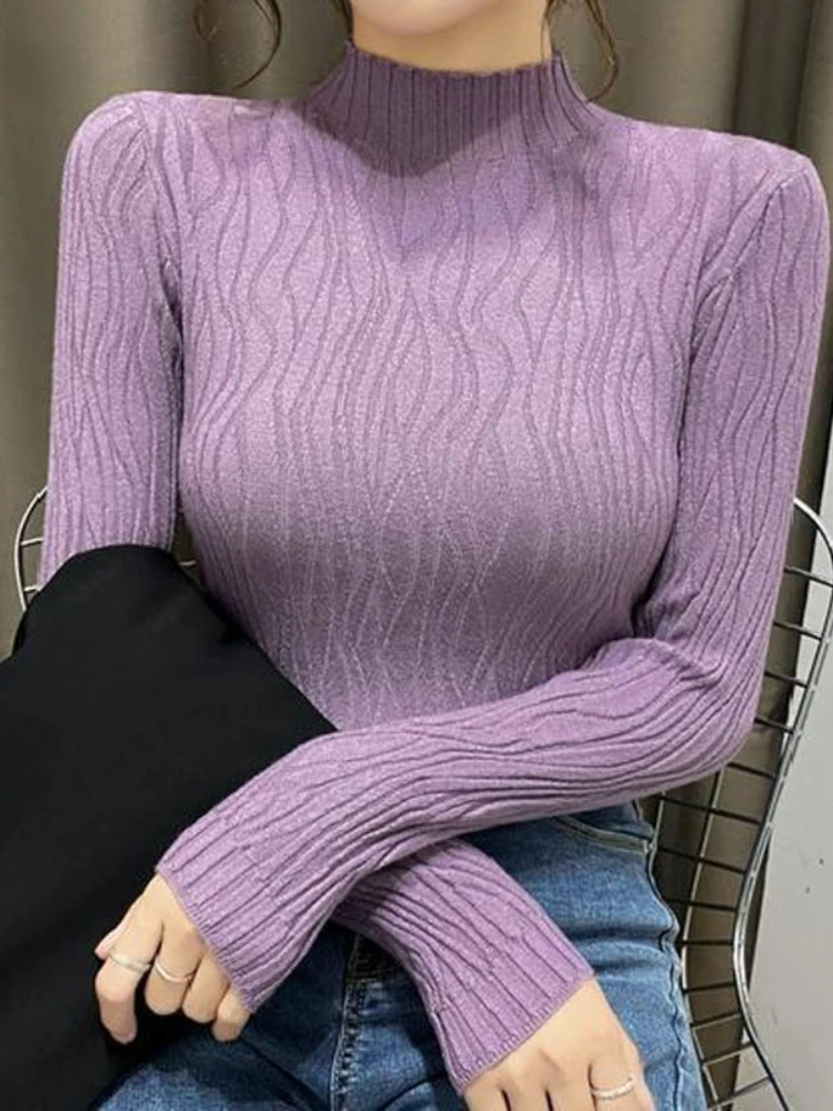 

Autumn Winter Slim Simple Solid Long Sleeve Knitted T-shirt Women's Clothing Casual Korean Half High Collar Tops for Female N335