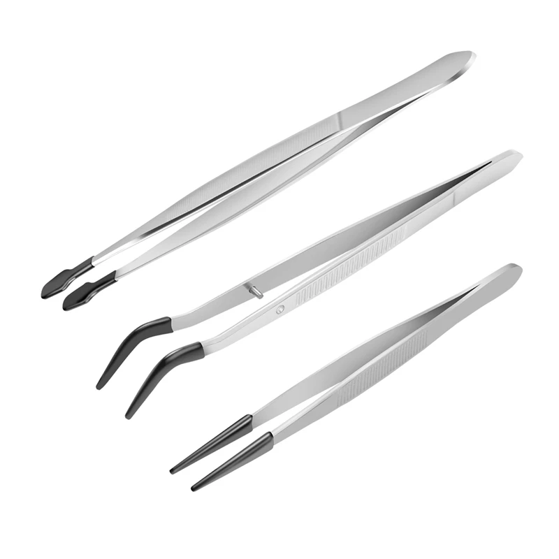 

3 Pcs Tweezers Rubber Tipped Tweezers 6Inch Straight Flat Tweezers & 6Inch Bent Tip Tweezers & 4.7Inch Pointed Tweezers