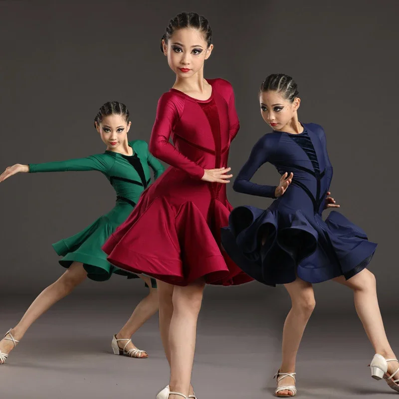 

Children'S Latin Dance Costume For Girls Ballroom Dance Professional Clothes Long Sleeved Latin Dance Dress Practice Wear SL8494