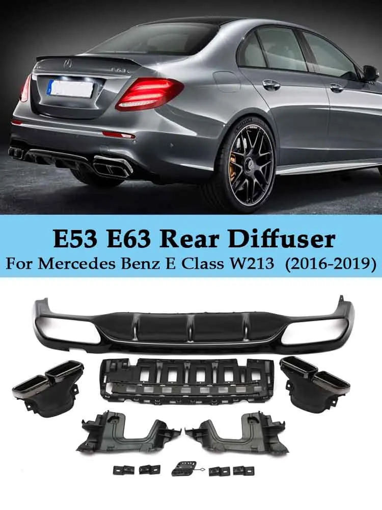 

For Benz E Class W213 Rear Bumper Lip Diffuser E63 E53 Look Style Spoiler With AMG Exhaust Tips E300 Sport Sedan 2016-2019