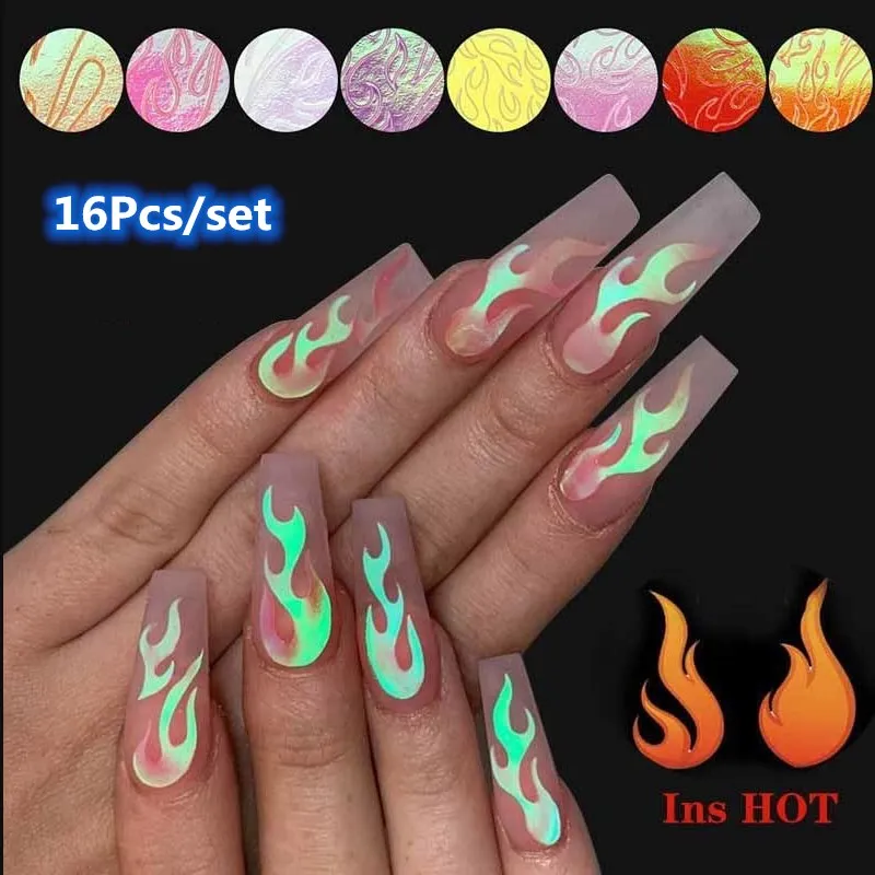 3D Holographic Fire Nails Art Stickers Designer Laser Flames Nail Sticker Decal Transfer Foil Decorations Accesoires