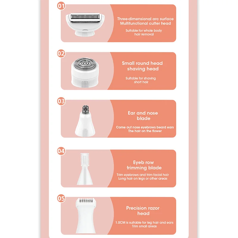5 In 1 Electric Face Epilator USB Charging Bikini Trimmer Multi-Purpose Portable Shaving Machine for Face Nose Eyebrow