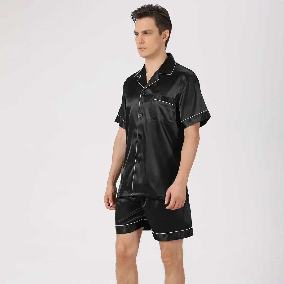 

Silk Short Solid Male 2pcs Home Ice Men Sleepwear Pajama Clothes Sleeve Satin Color Thin Summer Sets Suit Casual Shirt+shorts