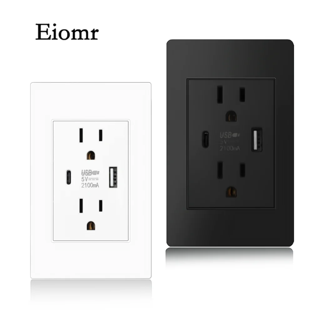 Wall Socket US Standard Wall Socket with USB Type-C Charging Port 5V 2.1A 118mm*75mm Fireproof PC Panel