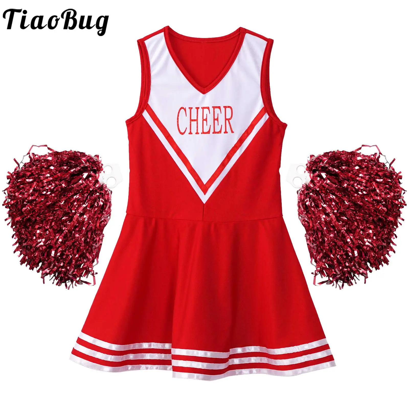 

Kids Girls Sleeveless V Neckline Letters Printed Patchwork Dress with 2Pcs Flower Balls for Cheerleading Dance dancewear