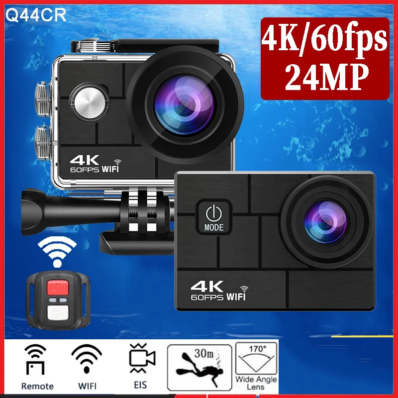 액션 스포츠 카메라 프로 헬멧 비디오 캠, Q44CR 울트라 HD, 4K, 60fps, EIS, 24MP, WiFi, 2.0 인치 IPS 스크린, 170D 수중 30M 이동 방수