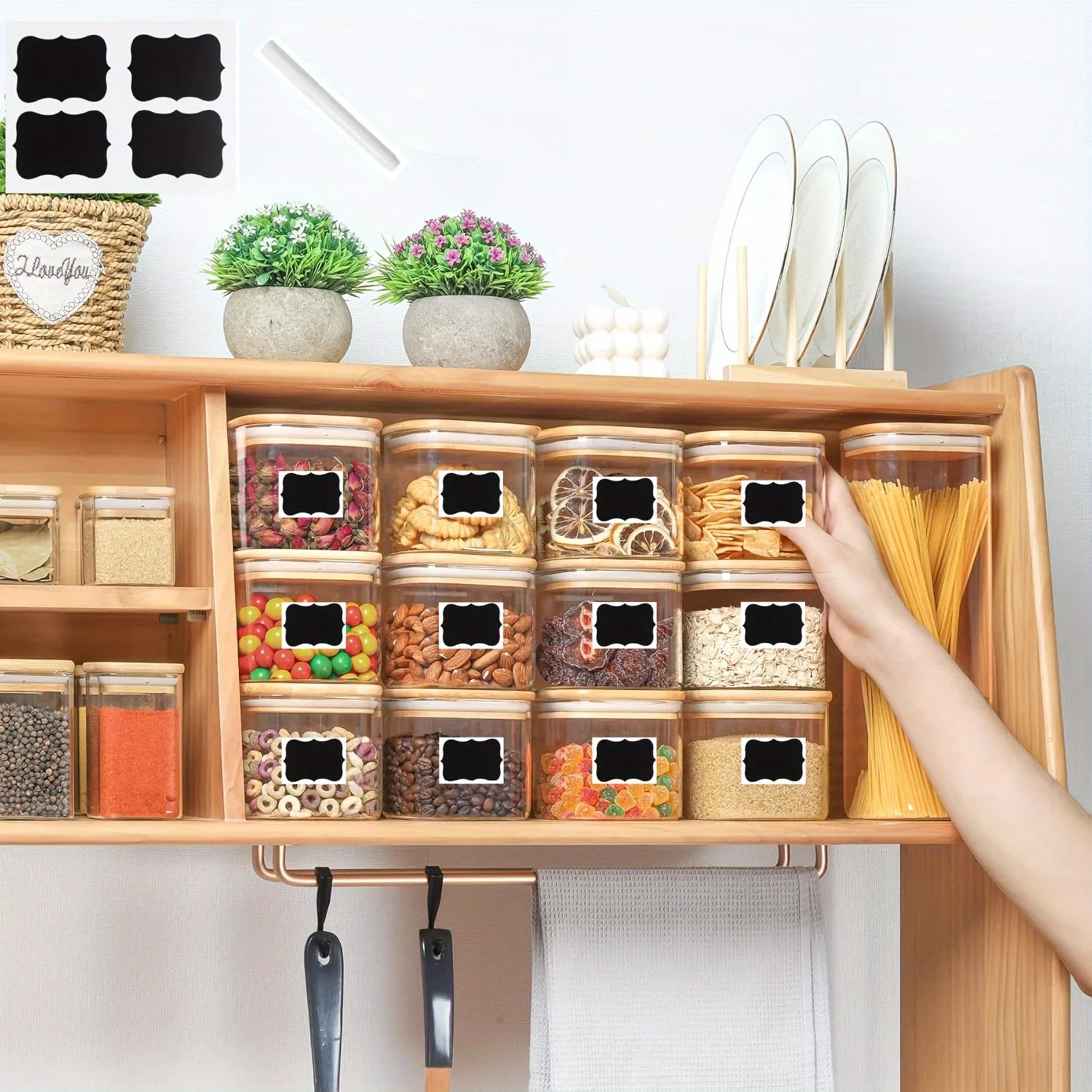 420ml Square Glass Food Storage Tank Kitchen Seasoning Tank 2/4/6-Piece Food Container Set Sealed Bamboo Wood Cover Waterproof Sticker Pen Suitable Pasta Biscuits Nuts Coffee Beans Cereals Bpa Not Included