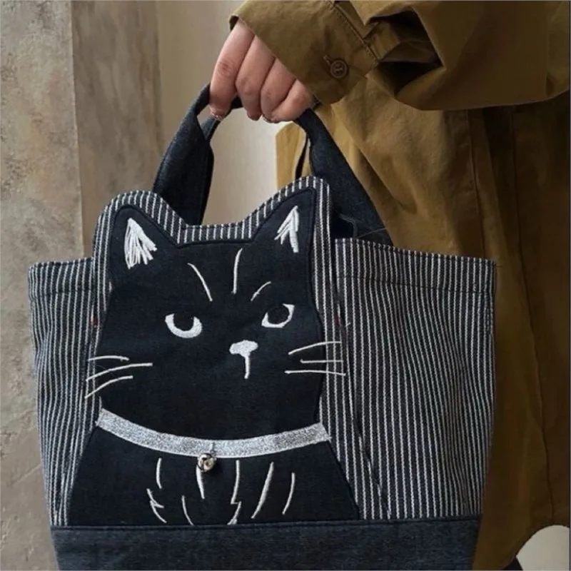JIAERDI Japanese Embroidered Cartoon Black Cat Handbag Women Cute Stripe Large Capacity Shoulder Bag Ladies Casual Tote Bag 2025
