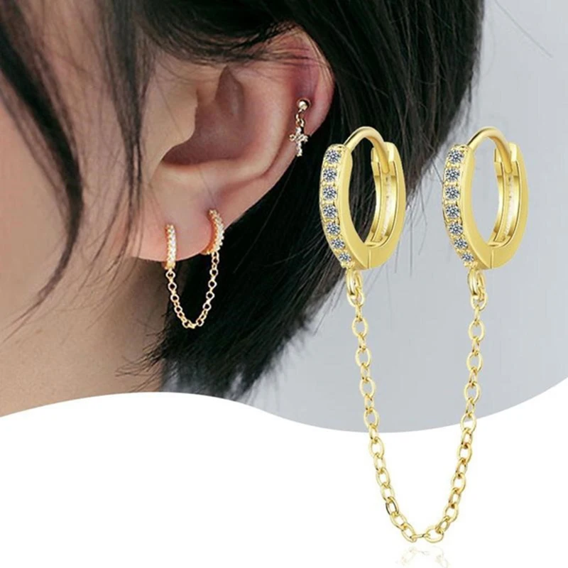 Earrings Stainless Steel Double Ear Hole Long Chain Hoop For Women