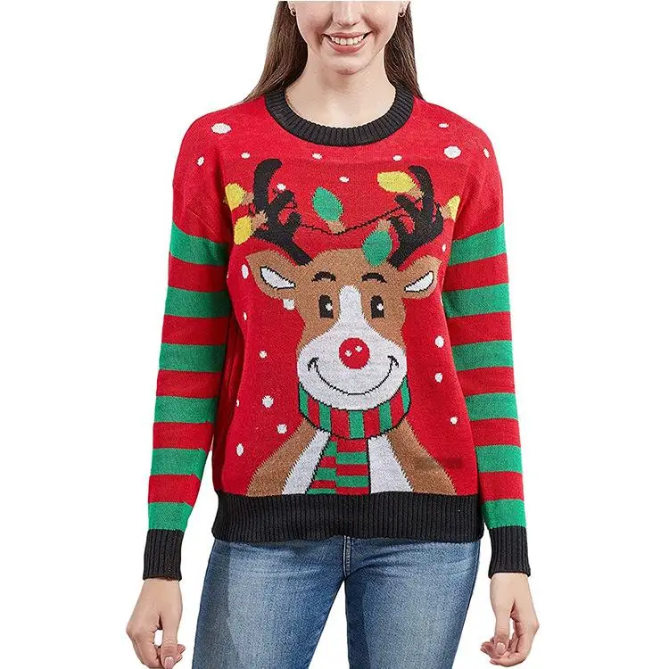 

Ugly Christmas Sweater O-neck Long Sleeve Sweater Festive Knit Funny Red Sweaters Adorable Deer Xmas Gift Costume Tree Snowflake