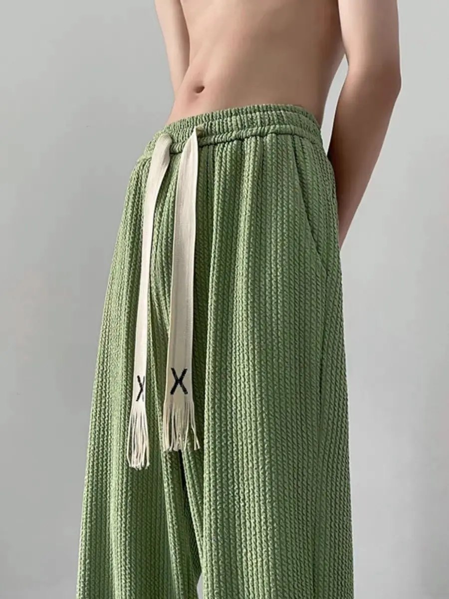 Korean style avocado green pants men's summer thin seersucker pleated texture straight pants loose casual sports pants trendy hong kong style sports men s shorts loose straight leg korean version of popular logo summer casual pants