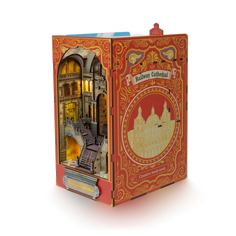 DIY Book Nook Wooden Miniature Model Kit Railway Cathedral Bookend Assembled 3D Puzzle Bookshelf Home Decor Friends Gifts 5