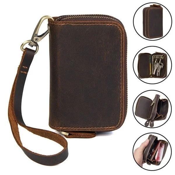 Retro Men's Cow Leather  Short Wallet Zipper Wallet  Clutch Wallet Billfold Coins Purse Notecase Key Case