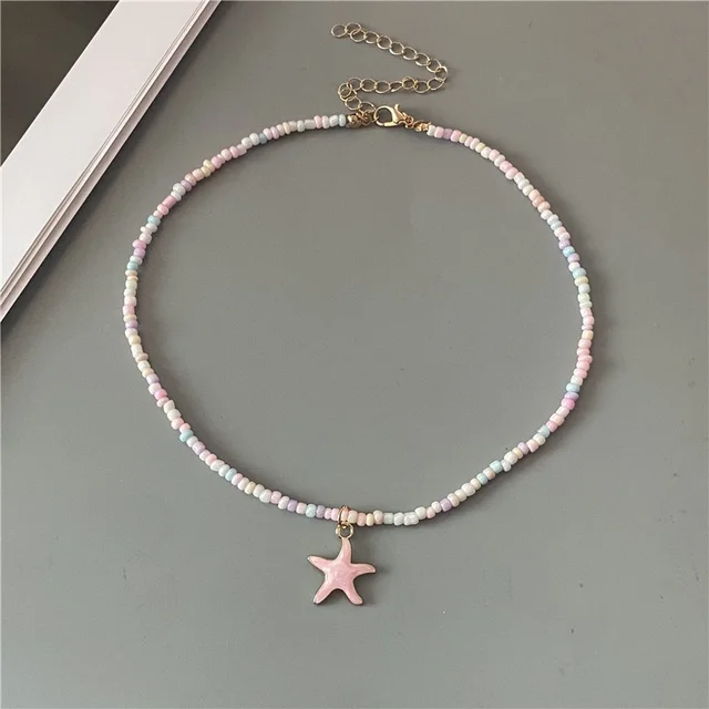 4 Colors Fashion Starfish Choker Necklace for Men Women White Black Blue Colorful Rice Beads Gift for Friend  Short Collar 5