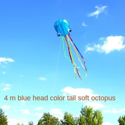 Giant Orange 3D Octopus Kite - Fun DIY Toy for Children and Outdoor Games (Blue - 30m Kite Line)
