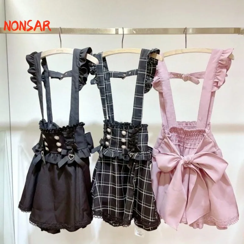 Japan Style Retro Lolita Suspender Dress Summer Female Plaid Sleeveless Ruffles Bow Bandage Slim Lolita JSK Sweet Kawaii Dresses