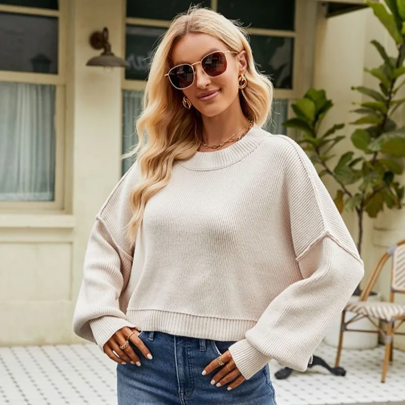 

Autumn/Winter New Loose Short Pullover Sweater Fashion Splice Long Sleeve Round Neck Knit Sweater Women ملابس نسائية شتوية