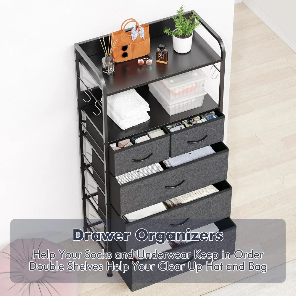 5 Drawers Dresser,Tall Dresser for Bedroom,Fabric Drawer Organizer Unit, Chest of Drawers with Hooks, Open Shelf for Closet 3