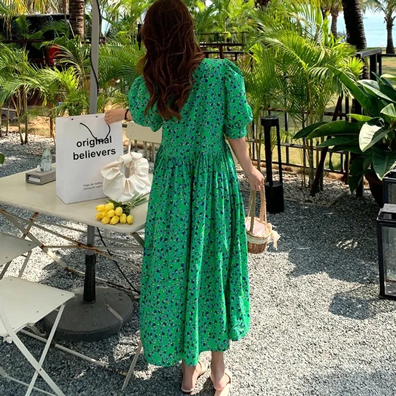 Summer New Women's Short Sleeved Retro Printed Long Skirt Women's Casual Floral Skirt Women's Loose Green Dress 15686