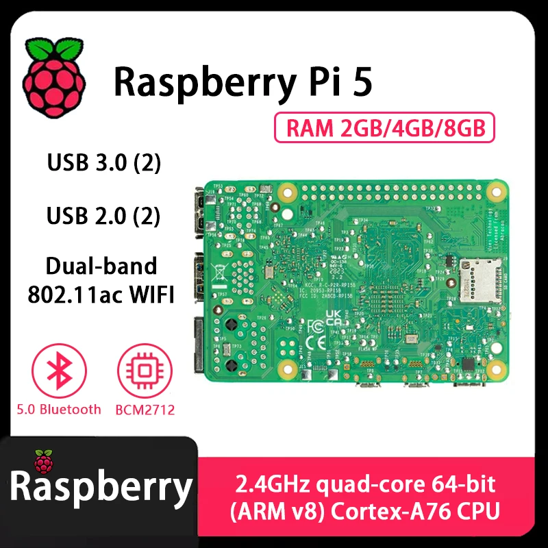 Raspberry Pi 5 Cortex-A76 Linux 2GB 4GB 8GB Arm Board Python programlama PCIe Gigabit Ethernet USB3.0