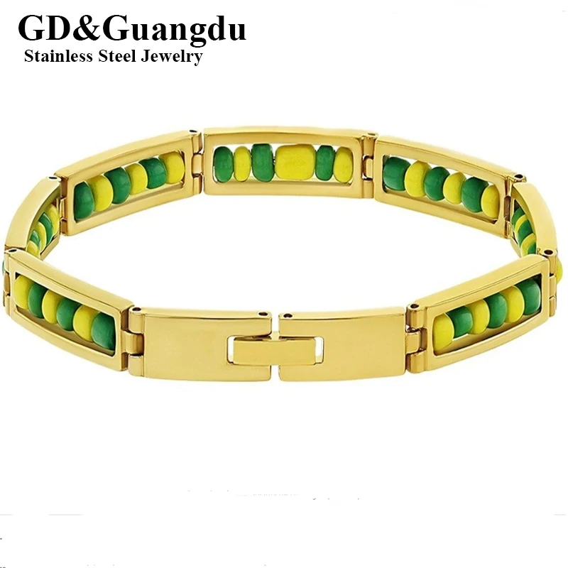 

Wholesale New Stainless Steel Jewelry Green and Yellow Color Orula Bracelet Mix Beads Unisex Shango Ochun Bangle For Women