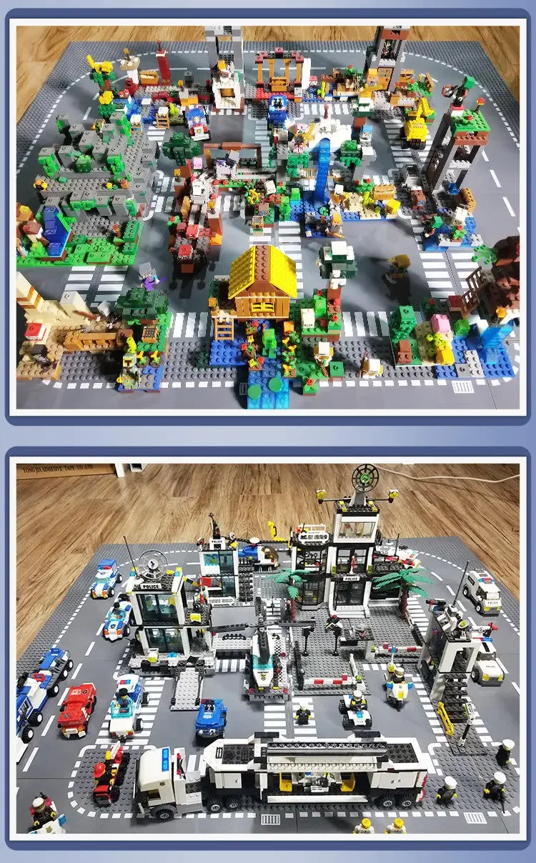 Çocuklar, bir taban plakasında tuğla şehir düzeni oluşturuyor