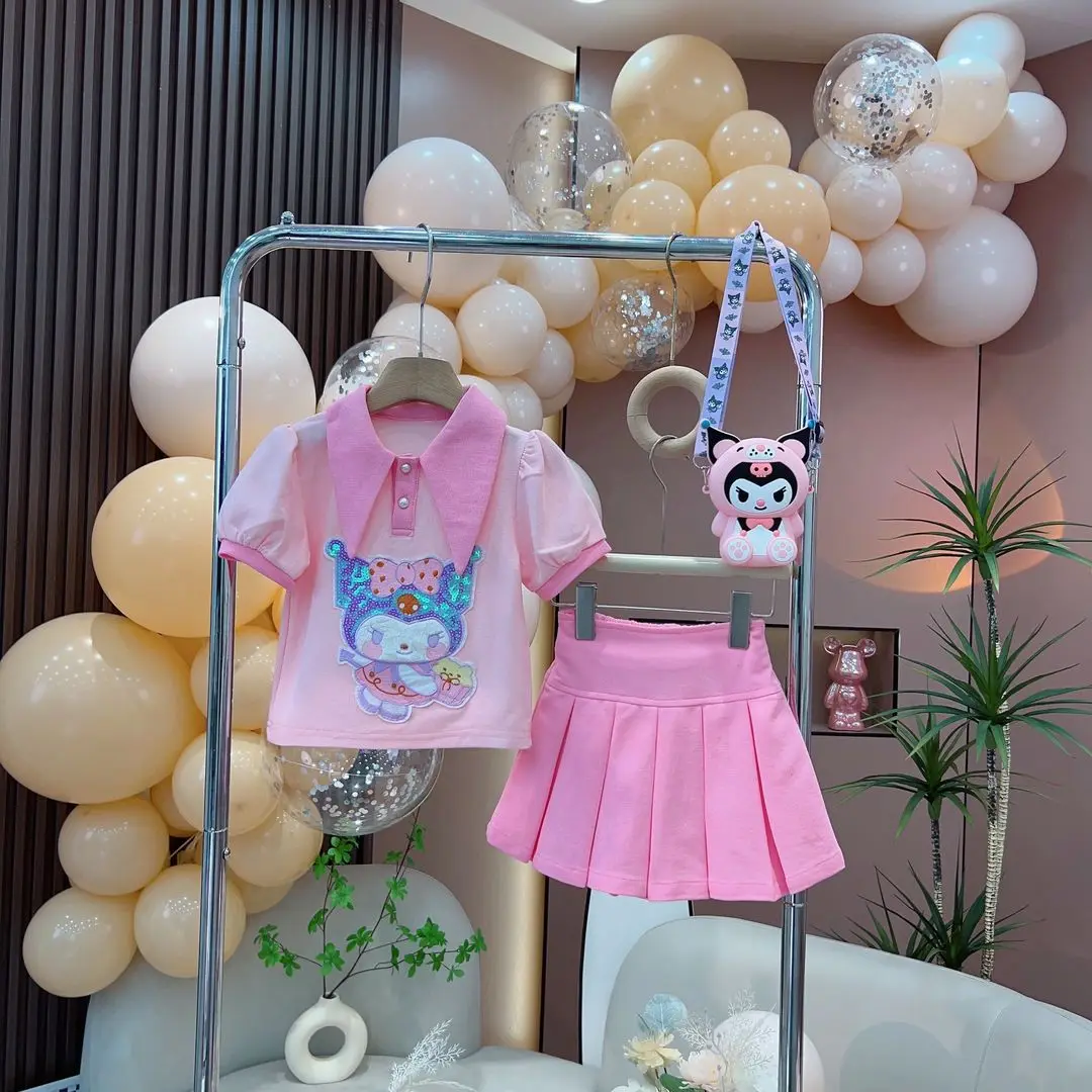 

Sanrios Kid Kuromi Pleated Skirt Set Cartoon Summer Casual Jk Skirt Anime Princess Skirt Cute T-Shirt Short Skirt 2Pcs Girl Gift