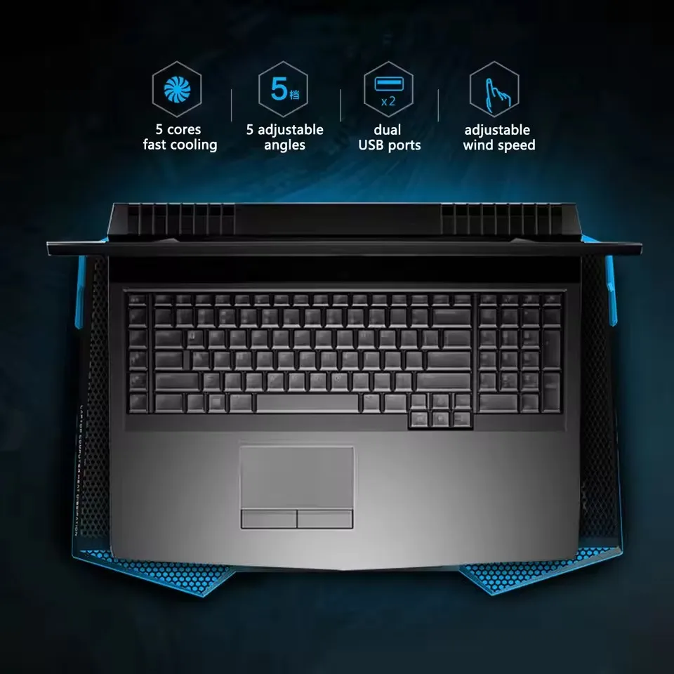 5개의 고속 팬이 있는 노트북 쿨링 패드 스탠드, 접이식 및 각도 조절 가능, 최대 18인치 노트북과 호환 가능
