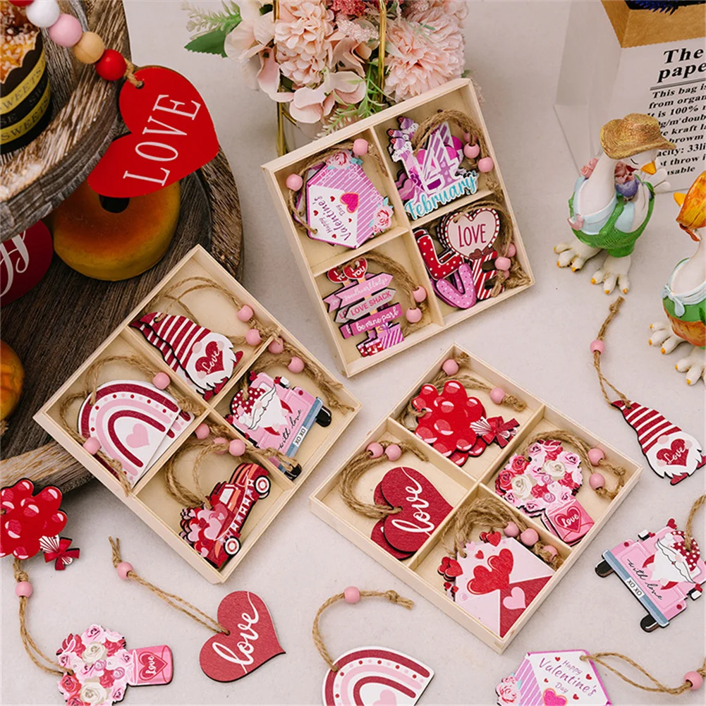 

Valentine's Day Wood Ornaments With Ropes 12 Pcs Valentines Tree Decorations 4 Styles Pendant Valentine's Day Party Decoration