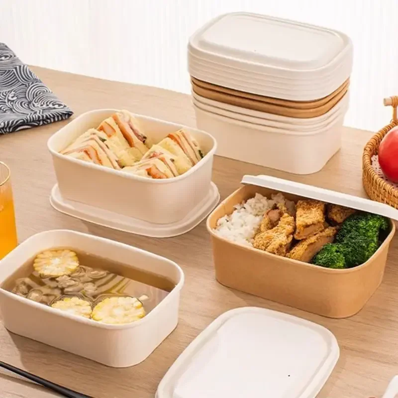 50PCS Food Grade Kraft Paper Disposable Square Box Thickened Camping Fruit Bento Lunch Boxs Salad Cake Takeaway Packaging Bowl