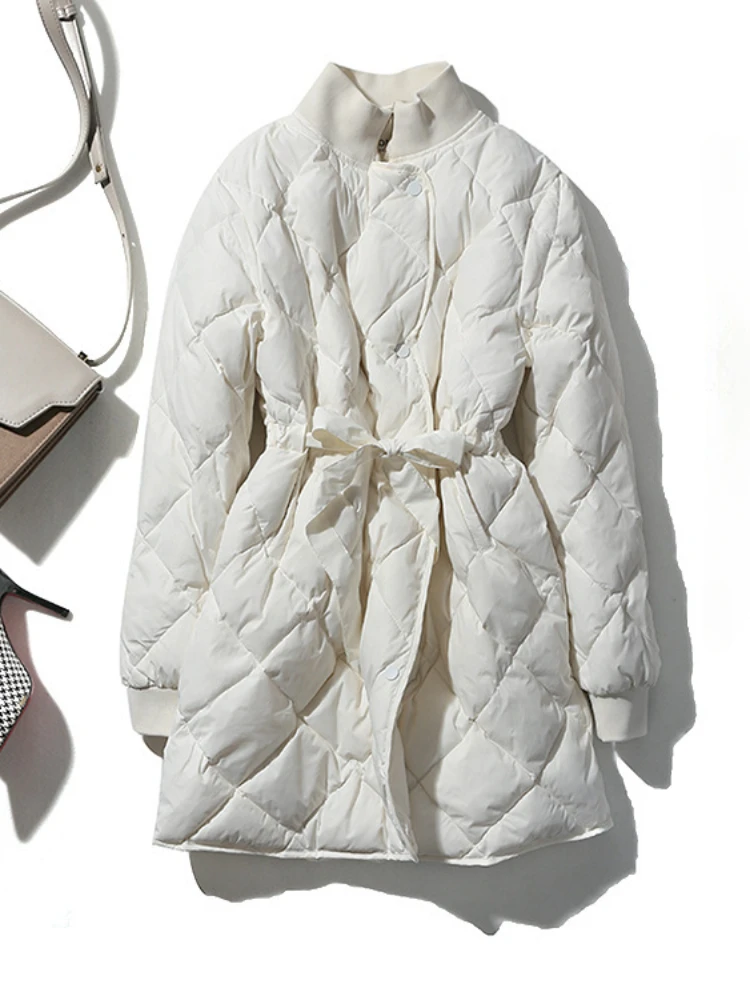 

Winter White Duck Down Coat Women Standing Neck Slim Down Jacket Female Long Sleeve Plaid Long Parkas Warm Outwear